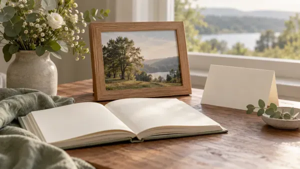 Erinnerungsalbum und ein Bilderrahmen mit einem Landschaftsmotiv