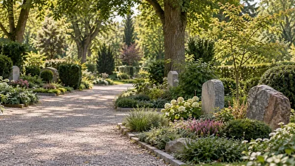 Gepflegte Grabflächen mit schlichten Natursteinen in einem grünen Friedhofsgarten