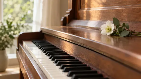 Klaviatur eines Klaviers mit einer kleinen weißen Blume